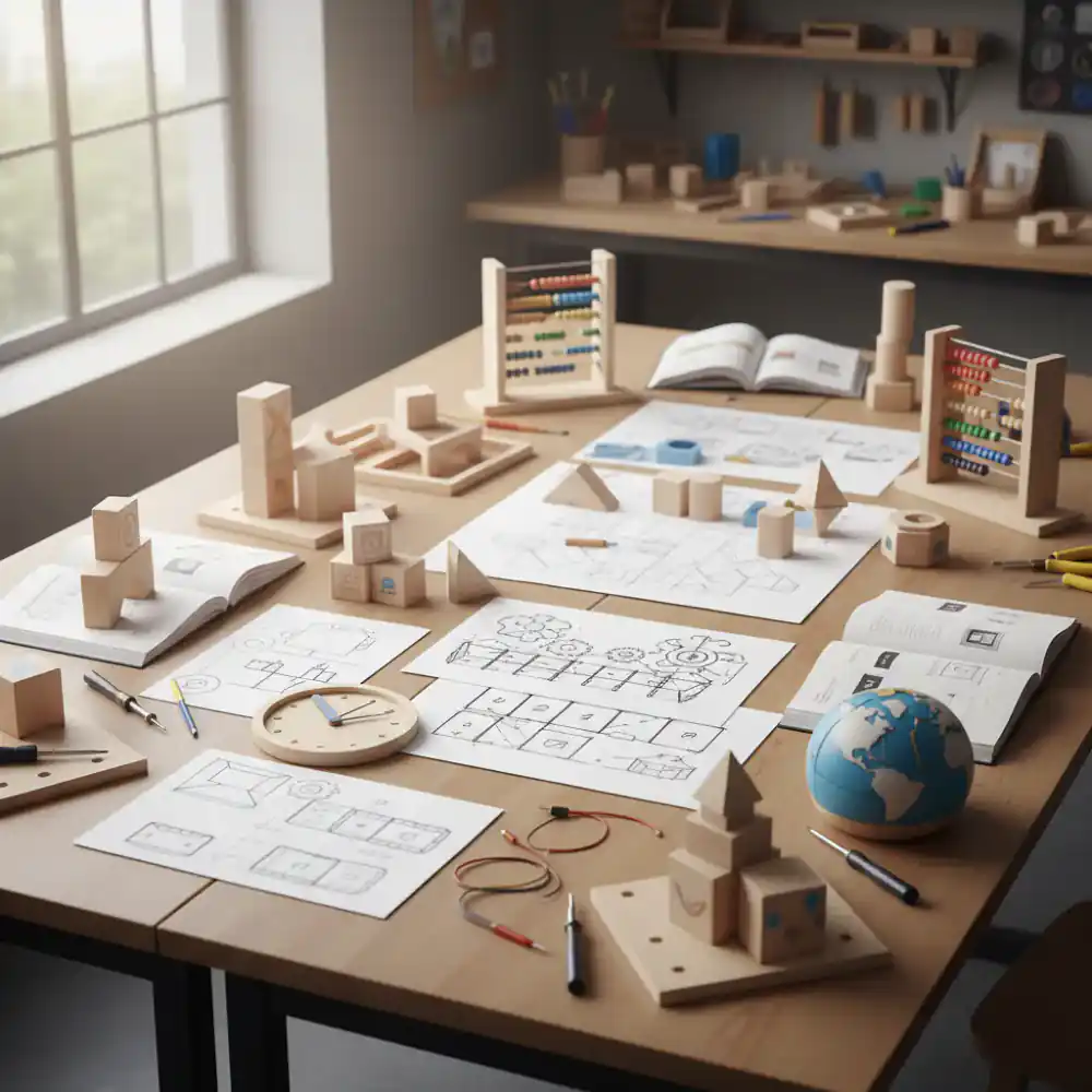Skizzen und Prototypen von Lernspielzeug auf einem Tisch
