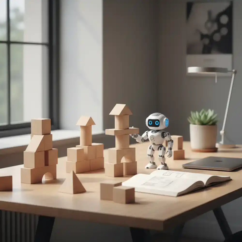 Ein aufgeräumter Arbeitsplatz mit Holzbausteinen und einem kleinen Roboter